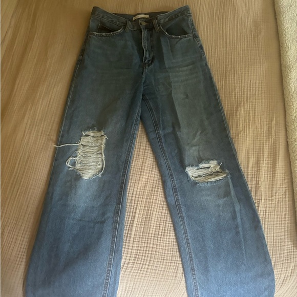 Oak + Fort Distressed High Waisted Wide Leg Denim - Picture 3 of 7